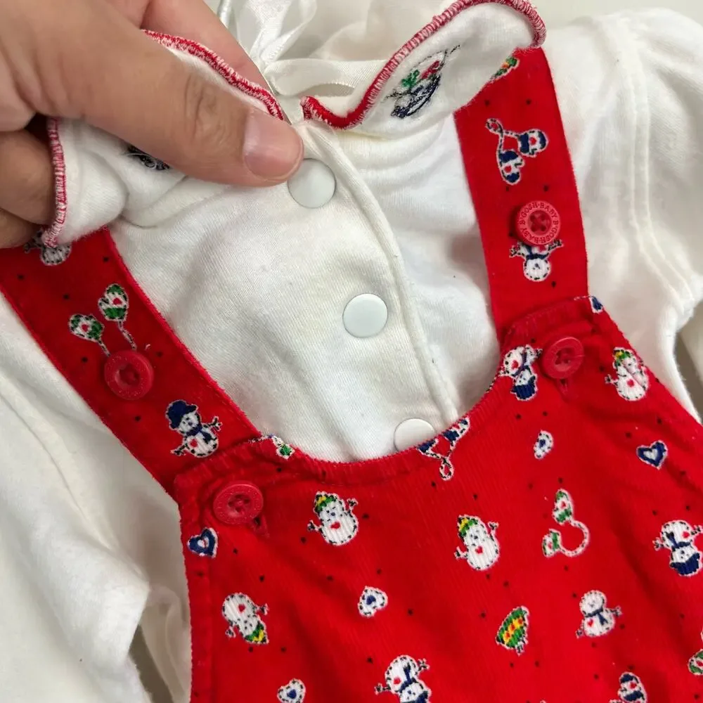 Vintage OshKosh B'gosh Red Snowman Overalls Set 3-6 Months